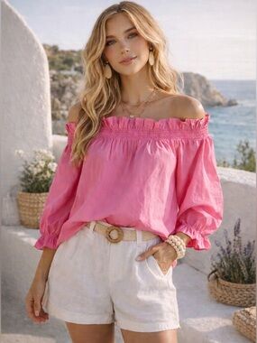 THML Pink Off-Shoulder Smocked Neck Blouse